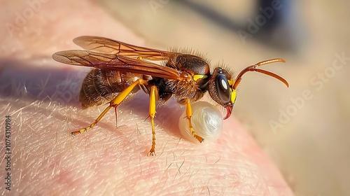 Wasp on Human Skin Close Up Macro Photography