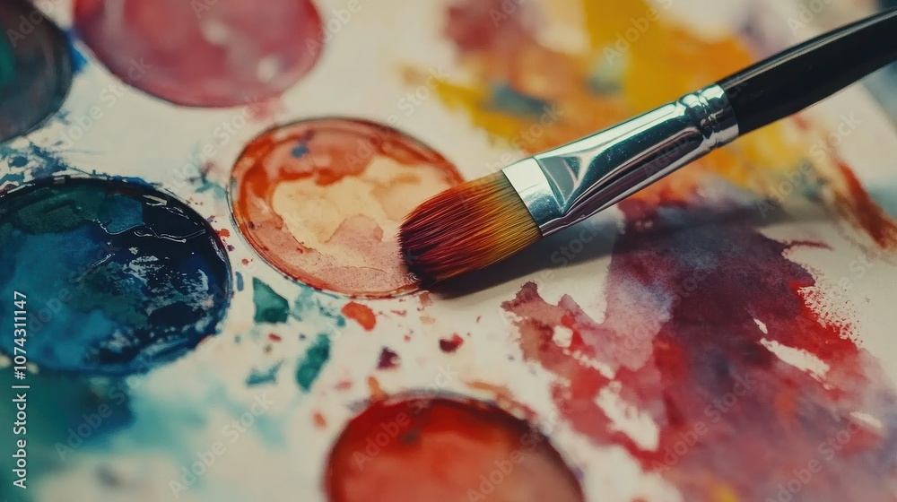 Obraz premium Close up of watercolor paints and brush