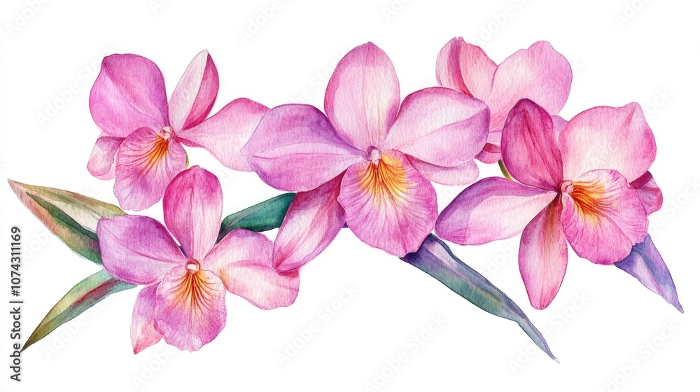 Blossoming tropical pink orchid flowers Aliceara Beallara variety depicted in a hand drawn watercolor illustration on a white background Blossoming tropical pink orchid flowers Aliceara Beallara variety depicted in a hand drawn watercolor illustration on a white background