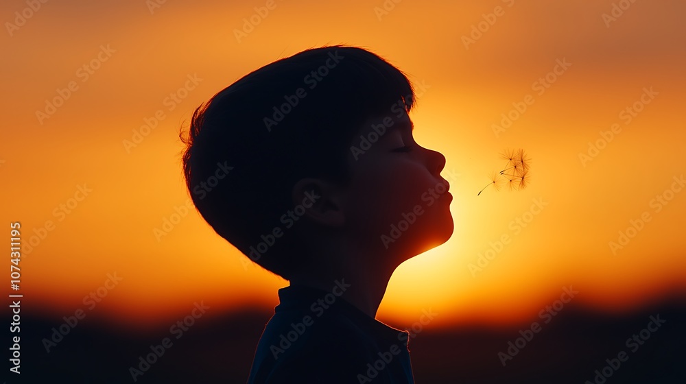 A child dreams as dandelion fluffs dance in the golden sunset background A child dreams as dandelion fluffs dance in the golden sunset background