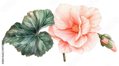 Isolated begonia flower on a white background Watercolor botanical illustration featuring a pink flower and green leaves Perfect for stickers cards stationery and cosmetic designs