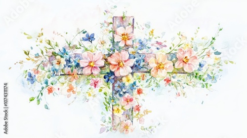 Watercolor illustration of an Easter cross adorned with spring flowers featuring a hand painted design for a joyful celebration