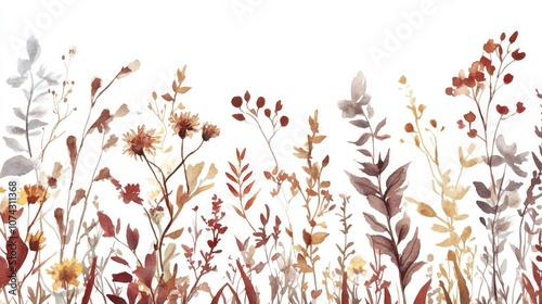 Watercolor illustration of autumn wildflowers seeds and leaves featuring brown dark red and beige tones Ideal floral element for fall wedding stationery and greeting cards