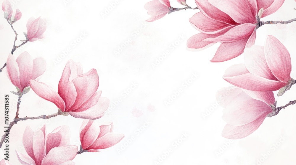 Naklejka premium Watercolor and pencil illustration of pink magnolia flowers on a white backdrop Spring floral frame design