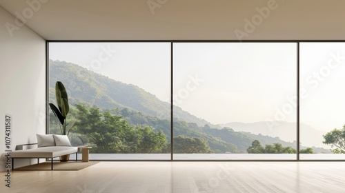 Modern home interior with an empty living room, panoramic window view of tropical scenery, ideal for architecture photography emphasizing natural light, spaciousness, and peaceful atmosphere