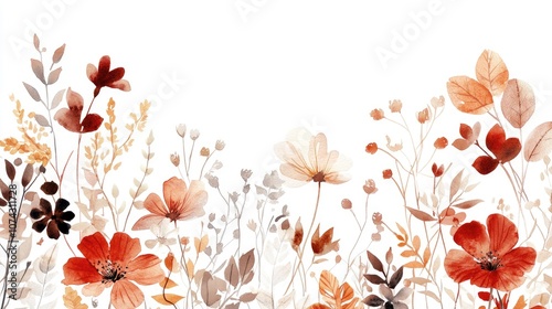 Watercolor illustration of autumn wildflowers seeds and leaves featuring brown dark red and beige tones Ideal floral element for fall wedding stationery and greeting cards