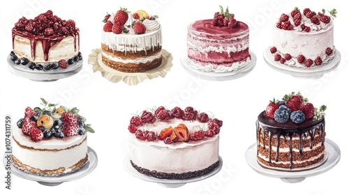 Collection of cakes hand painted in watercolor