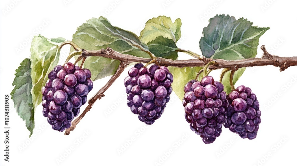 Watercolor of Mulberry set against a white background Watercolor of Mulberry set against a white background