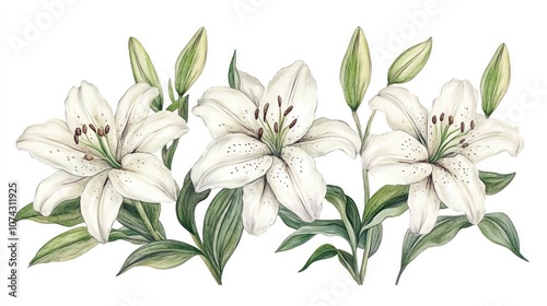 Hand drawn botanical illustration of white lilies in watercolor style featuring flowers isolated on a white background