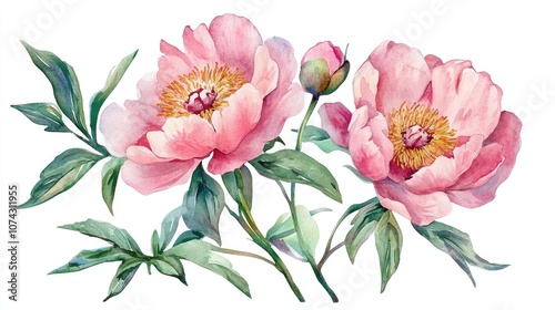 Pink Peonies Watercolor Illustration on Transparent Background for Greeting Cards and Home Decor