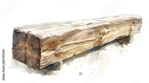 Watercolor illustration of a handmade wooden beam from a historic monastery photo