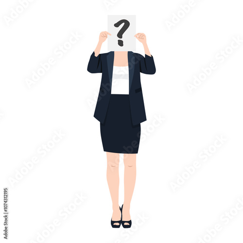 A sheet of paper with a question mark covers the face of a business woman. Flat vector illustration isolated on white background