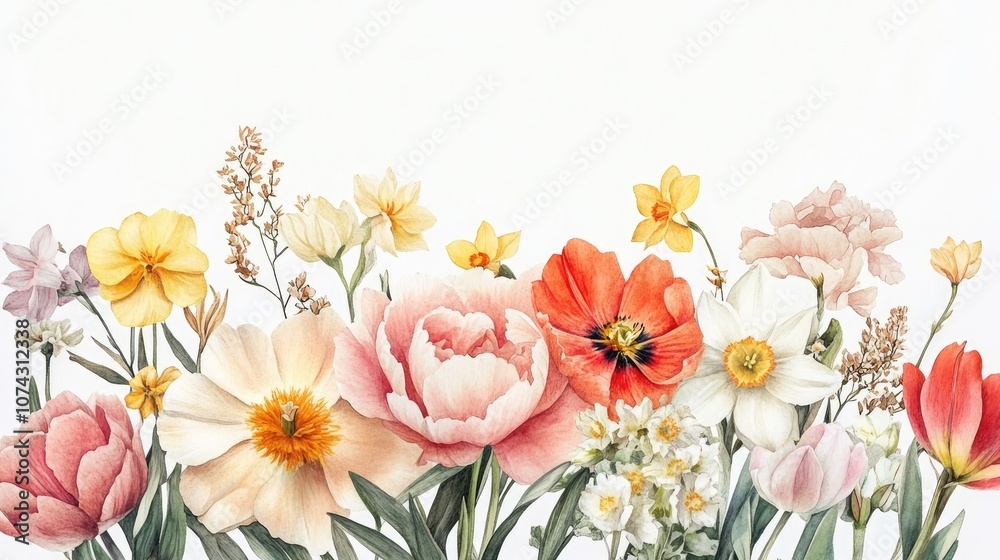 Watercolor abstract bouquet featuring peonies tulips and narcissus Hand drawn floral card of wildflowers set against a white background Suitable for design print fabric or background applications