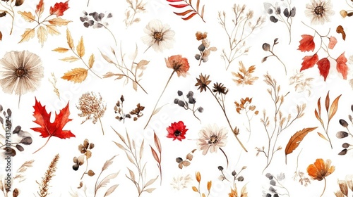 Watercolor illustration of autumn wildflowers seeds and leaves featuring brown dark red and beige tones Ideal floral element for fall wedding stationery and greeting cards