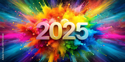 Bright, colorful 2025 surrounded by fireworks and bokeh, radiating festive energy and excitement for New Year's Eve parties and celebration events