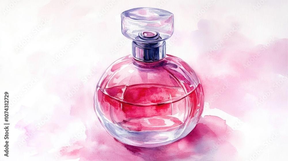 Hand painted watercolor pink perfume bottle cosmetic beauty item Hand painted watercolor pink perfume bottle cosmetic beauty item