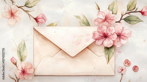 Watercolor envelope featuring elegant flowers twigs green leaves and decorative buttons all hand painted in high resolution