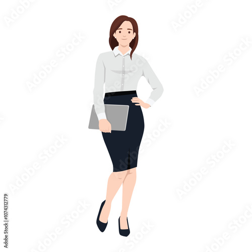 Young businesswoman standing with laptop in hand. Flat vector illustration isolated on white background