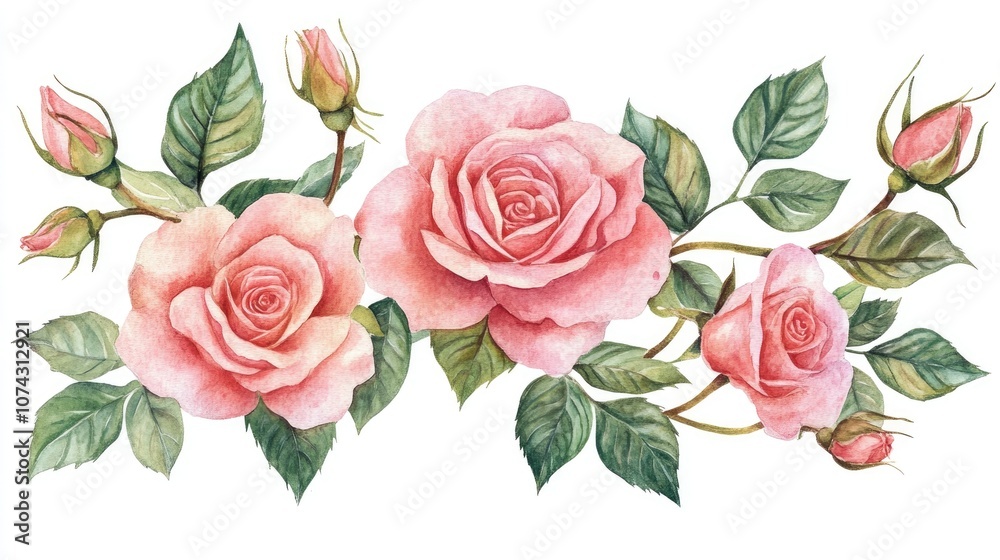Naklejka premium Botanical watercolor illustration of pink roses with green leaves ideal for romantic decorations greeting cards weddings and anniversary celebrations