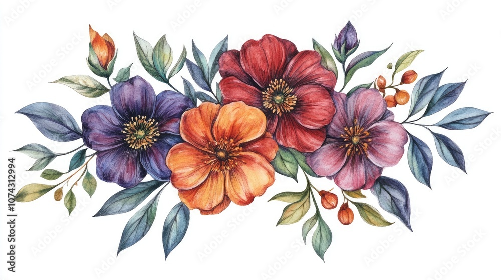 Fototapeta premium Watercolor floral bouquet with flowers and leaves isolated on a white background suitable for holiday and design purposes