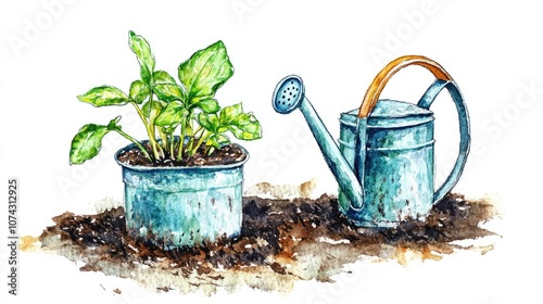 Sprout prepared for planting alongside a watering can Garden activities in spring hand drawn watercolor illustration on a white background photo