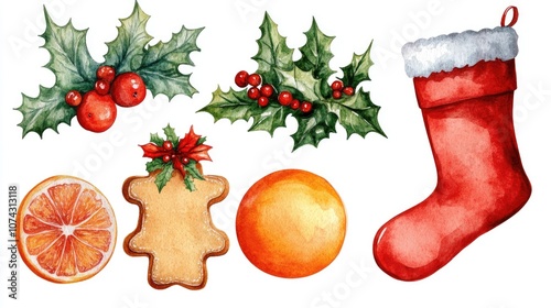 Watercolor elements for Christmas Hand drawn illustrations featuring gingerbread orange a red stocking decorative balls and holly with berries