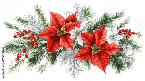 Christmas bouquet featuring red poinsettias silver Dusty Miller snowberry waxberry and emerald spruce branches along with fir and cedar Hand painted watercolor illustration photo