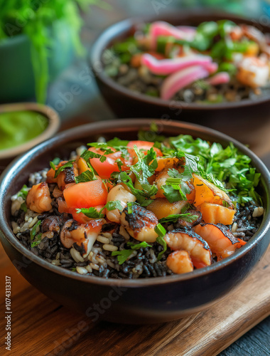 Seafood Richness in Bomba Rice: Squid Ink Versus Octopus Broth with Vivid Seafood Elements