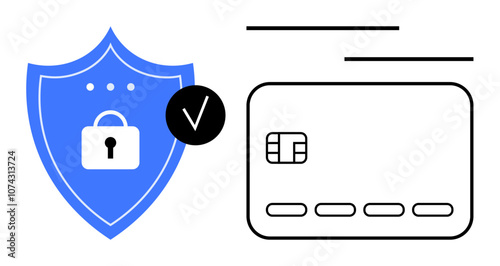 Credit card alongside a blue shield with a lock icon and checkmark, representing security and verification. Ideal for online payments, cybersecurity, data protection, secure transactions, financial photo