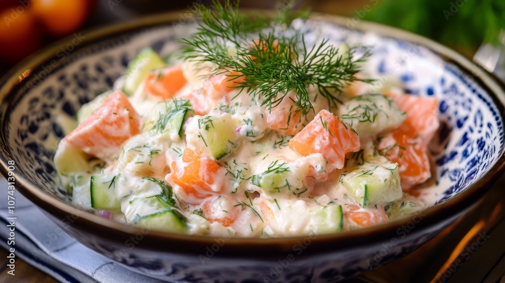 Refreshing seafood salad with cucumber, dill, and smoked salmon Refreshing seafood salad with cucumber, dill, and smoked salmon