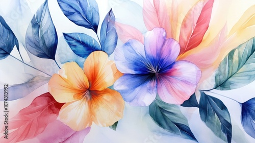 Watercolor illustration of beautiful flowers and leaves in a modern style