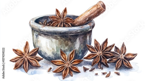 Hand drawn watercolor illustration of star anise and a mortar isolated on a white background photo