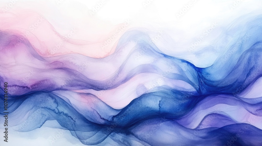 Obraz premium Watercolor illustration featuring a bright grey and cold blue gradient with a wavy fluid design Vibrant pastel colors create a blurry liquid light effect in shades of violet purple indigo pink and