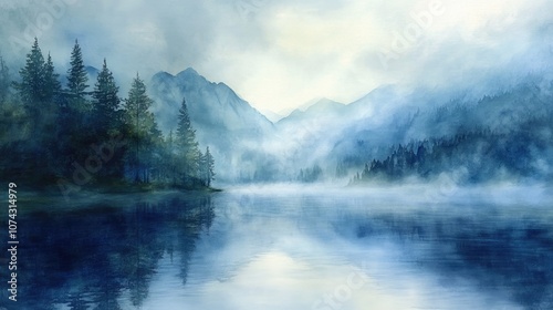 Watercolor artwork depicting fog over a lake created using 3D rendering techniques