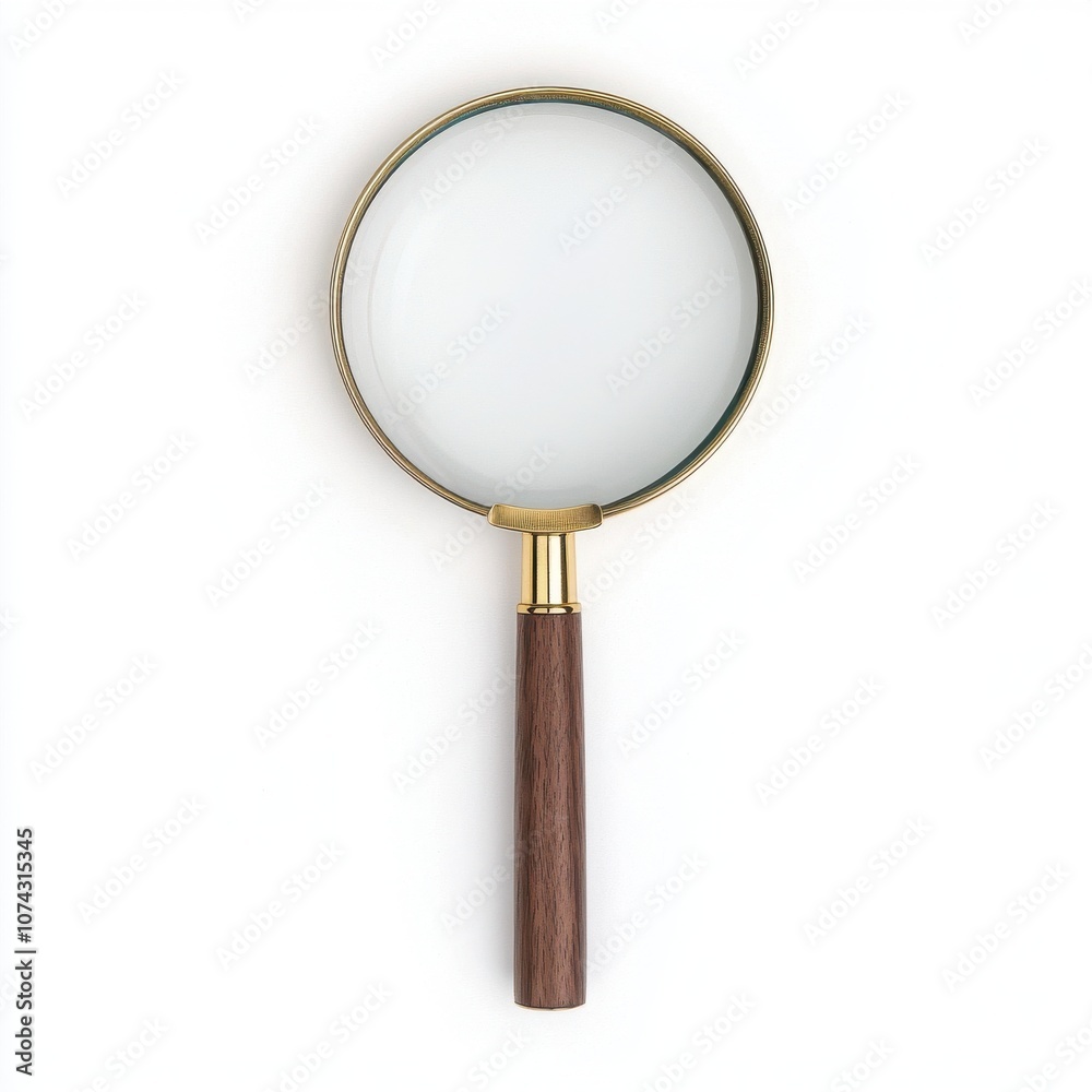 Magnifying glass with wooden handle, white isolated background.