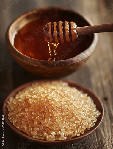 Sweet Brown Rice Simmered in Maple Syrup vs. Honey: Dietary Merits Explored with Warm Colors and Sweet Ingredients photo