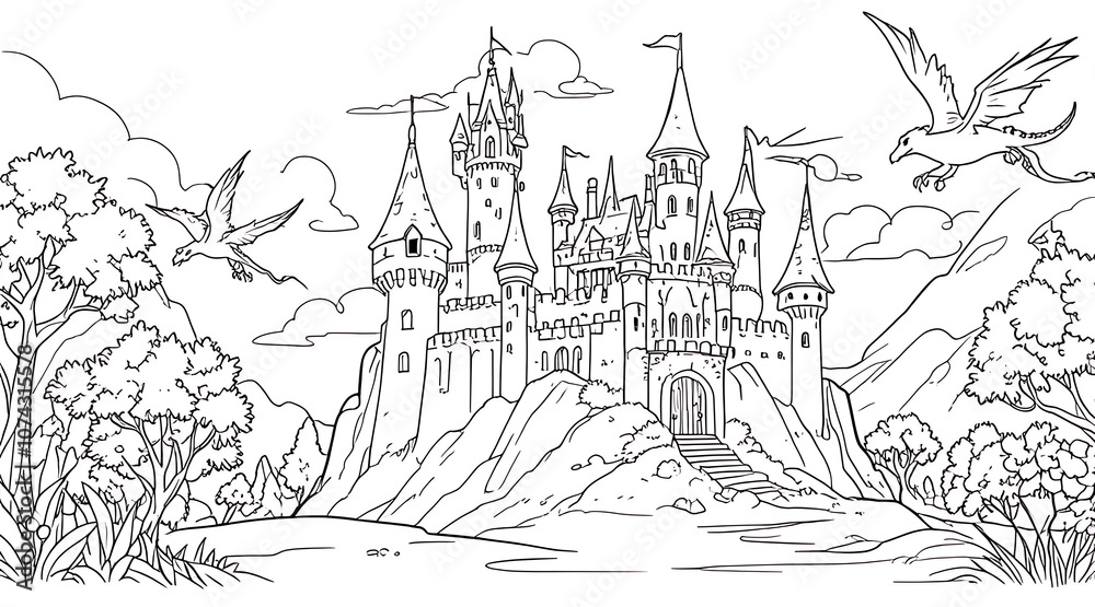 Naklejka premium “Fantasy Castle with Dragons Coloring Page” – Simple Line Art of a Fairy Tale Castle and Flying Dragons for Children’s Coloring on a White Background