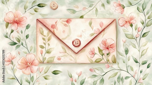 Watercolor envelope featuring elegant flowers twigs green leaves and decorative buttons all hand painted in high resolution