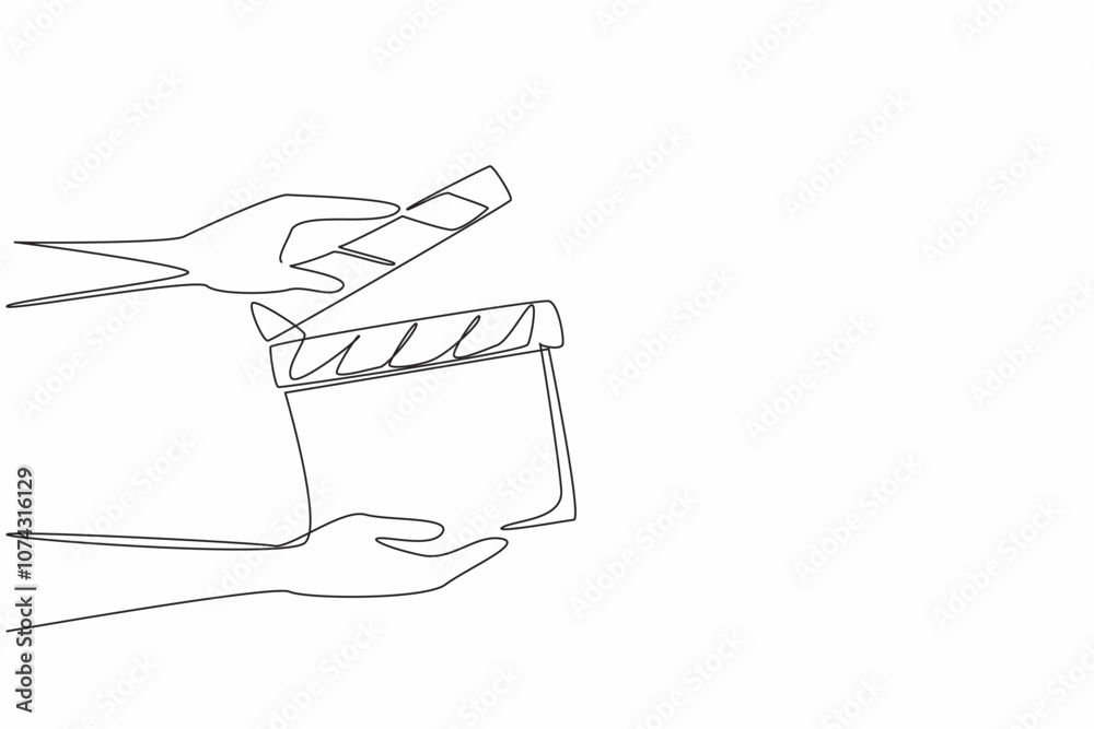 Single one line drawing the hand is holding an open clapper. Filmmaking process. Useful tool for film editors. Synchronization. National Screenwriters Day. Continuous line design graphic illustration Single one line drawing the hand is holding an open clapper. Filmmaking process. Useful tool for film editors. Synchronization. National Screenwriters Day. Continuous line design graphic illustration