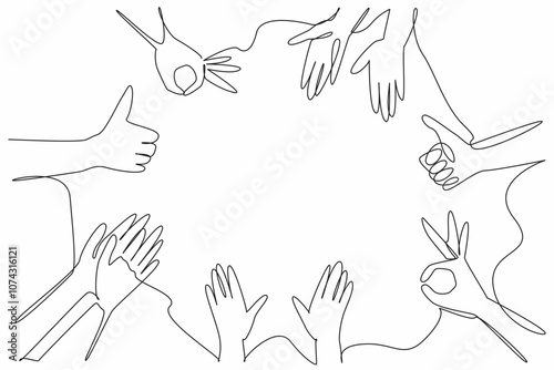 Single one line drawing several hands with several kinds of gestures. Get recognition and praise. Surrounded by positive aura. National Screenwriters Day. Continuous line design graphic illustration