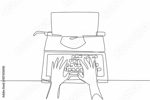 Single continuous line drawing hands typing on a typewriter. Making a movie script. Making a scenario. Making an interesting storyline. National Screenwriters Day. One line design vector illustration