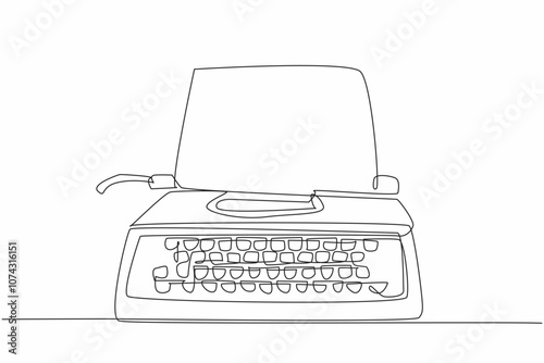 Continuous one line drawing typewriter with paper inside. Vintage equipment. Technology with a distinctive sound on the buttons. National Screenwriters Day. Single line draw design vector illustration