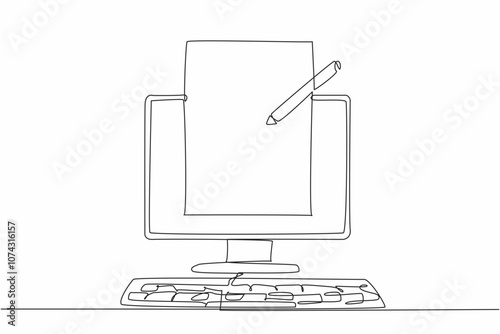 Continuous one line drawing paper, pencil and monitor keyboard. Computer monitors used for text editing. Complete each other. National Screenwriters Day. Single line draw design vector illustration
