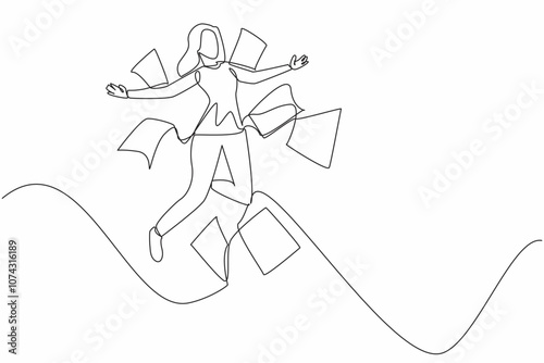 Continuous one line drawing female worker jumps with both arms outstretched. Free. Winning big project scores. Getting awards. National Fun at Work Day. Single line draw design vector illustration