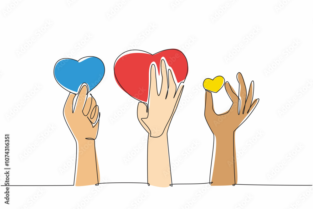 Obraz premium Continuous one line drawing some hands holding heart symbol. Get some compliments. Socialize well. Symbol of interest. Praise. National Screenwriters Day. Single line draw design vector illustration