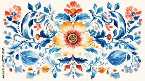 Watercolor illustration of decorative majolica tile featuring floral and leaf embroidery Mediterranean style porcelain pottery with ceramic dishes folk art prints and damask floral patterns remini