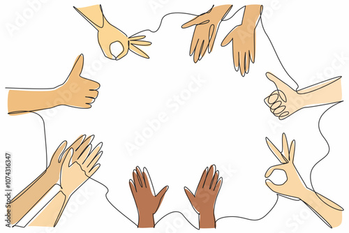 Single one line drawing several hands with several kinds of gestures. Get recognition and praise. Surrounded by positive aura. National Screenwriters Day. Continuous line design graphic illustration