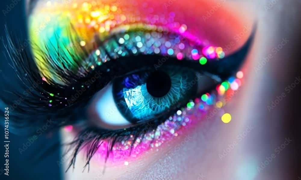 A close-up of a vibrant eye with colorful glitter makeup, showcasing artistic expression. A close-up of a vibrant eye with colorful glitter makeup, showcasing artistic expression.