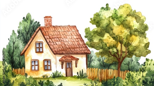 Watercolor illustration of a rural cottage surrounded by green trees Cozy summer home composition with cartoon countryside design elements on a white background photo