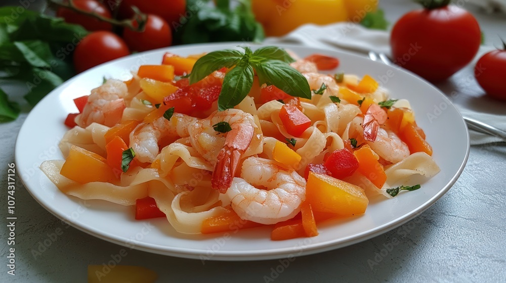 A vibrant plate of shrimp pasta with colorful vegetables and fresh basil. A vibrant plate of shrimp pasta with colorful vegetables and fresh basil.